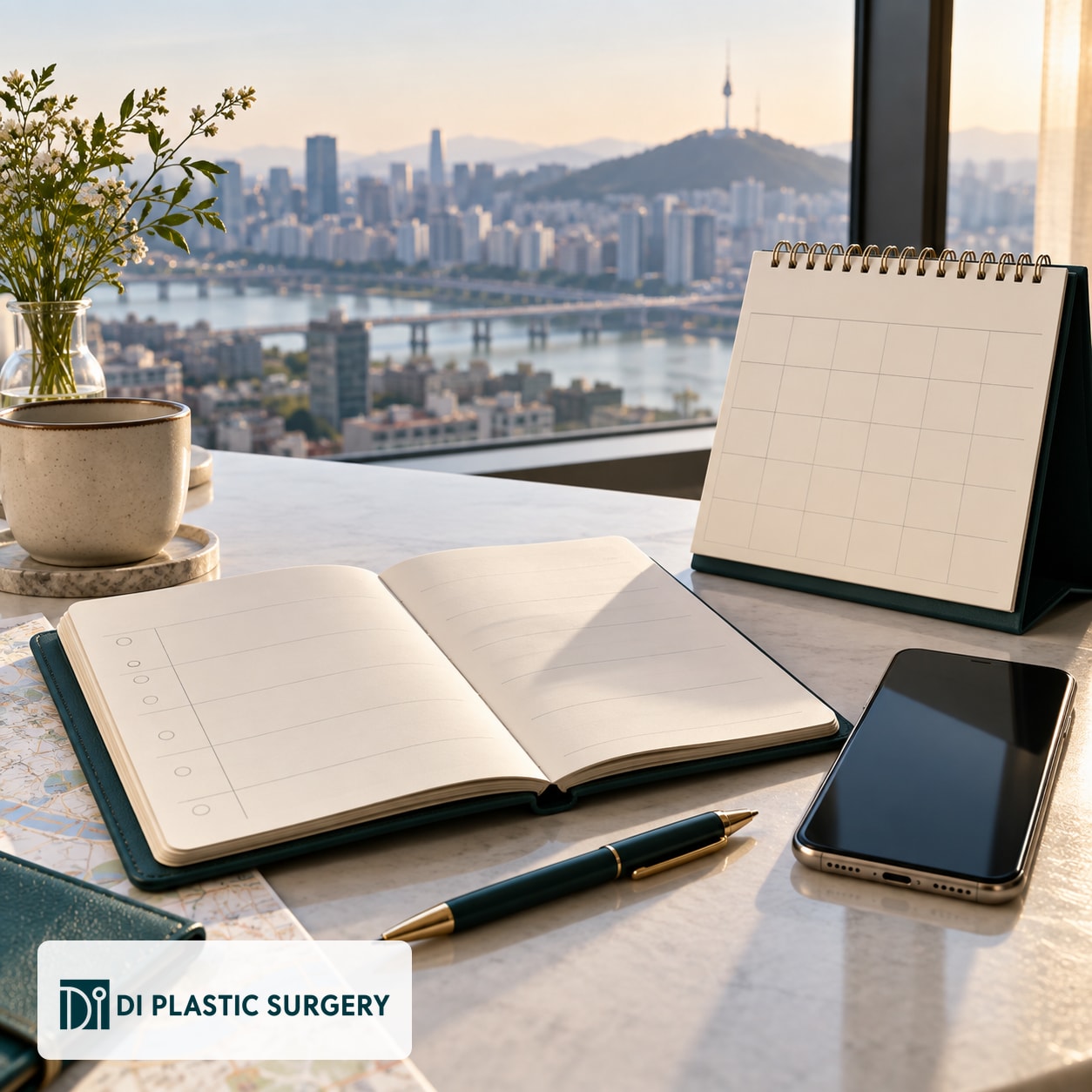 AI-generated blank calendar and Seoul itinerary scene; no fixed recovery schedule is implied