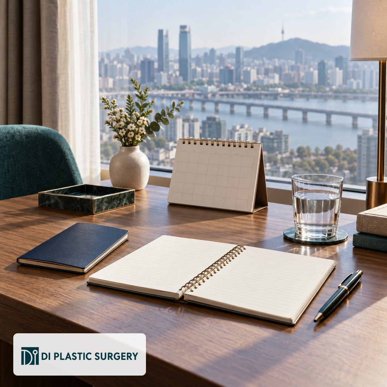 AI-generated Seoul travel notebook and blank appointment calendar, with DI logo