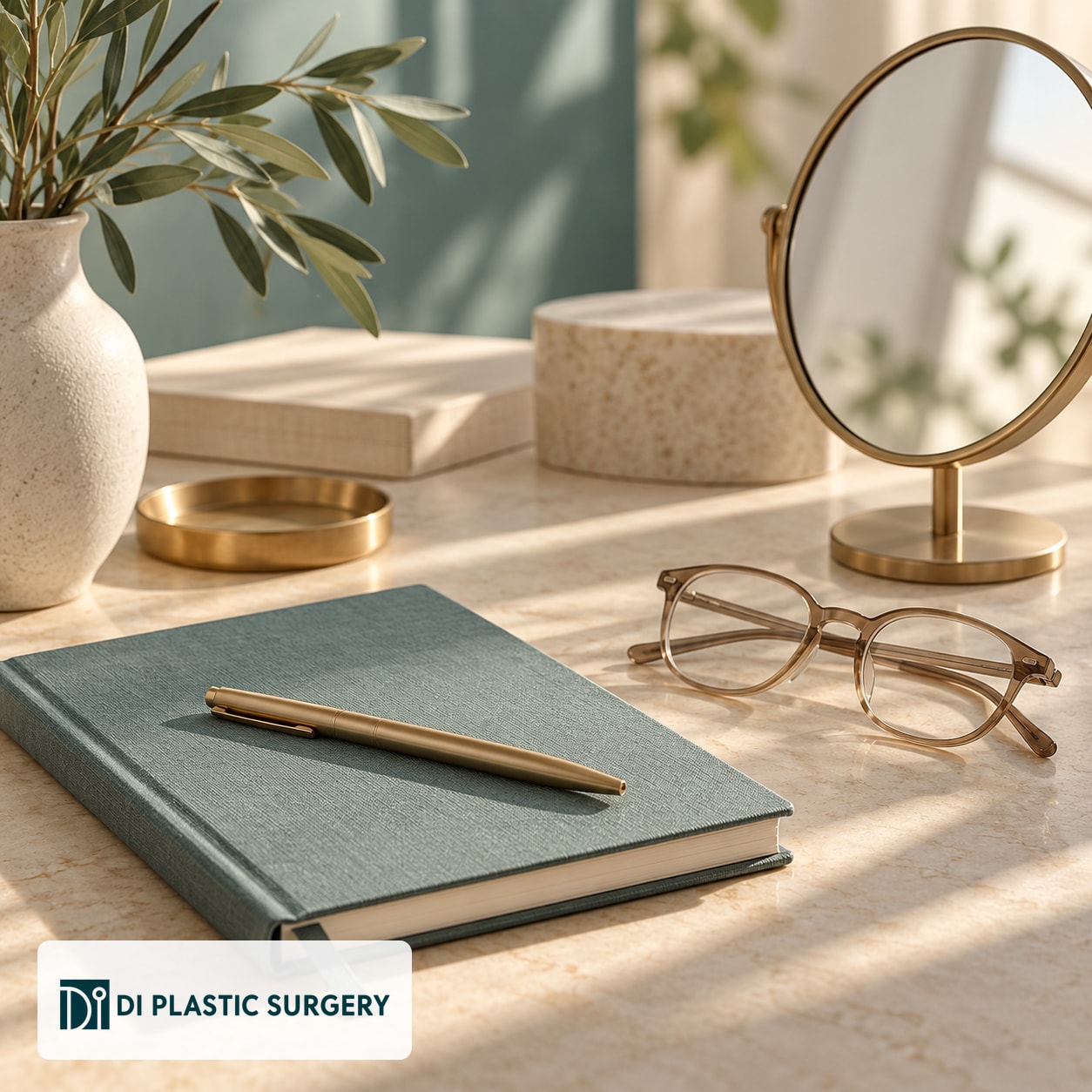 AI-generated notebook, glasses and mirror representing questions for an eyelid consultation; DI logo