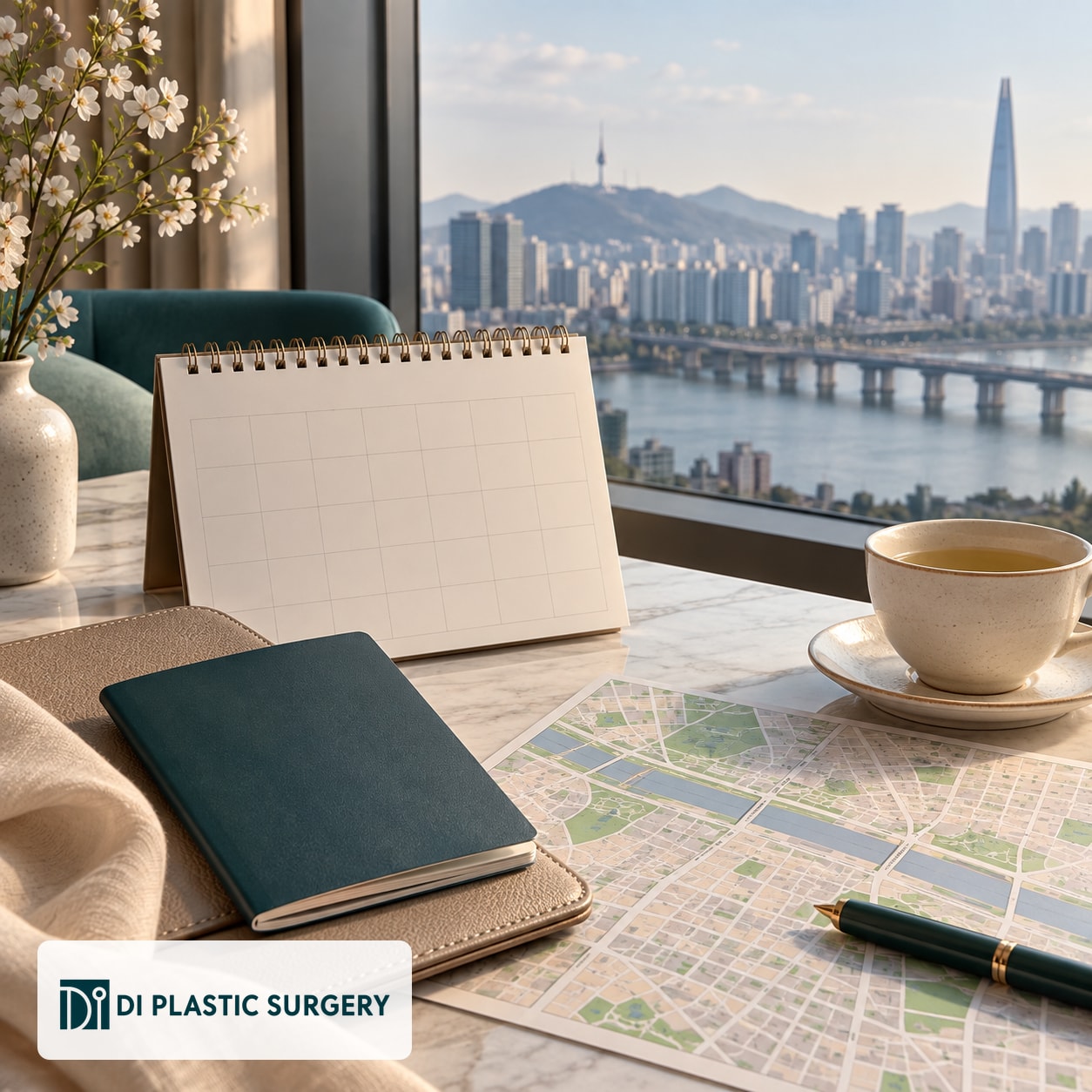 AI-generated blank calendar and Seoul travel-planning desk with DI logo