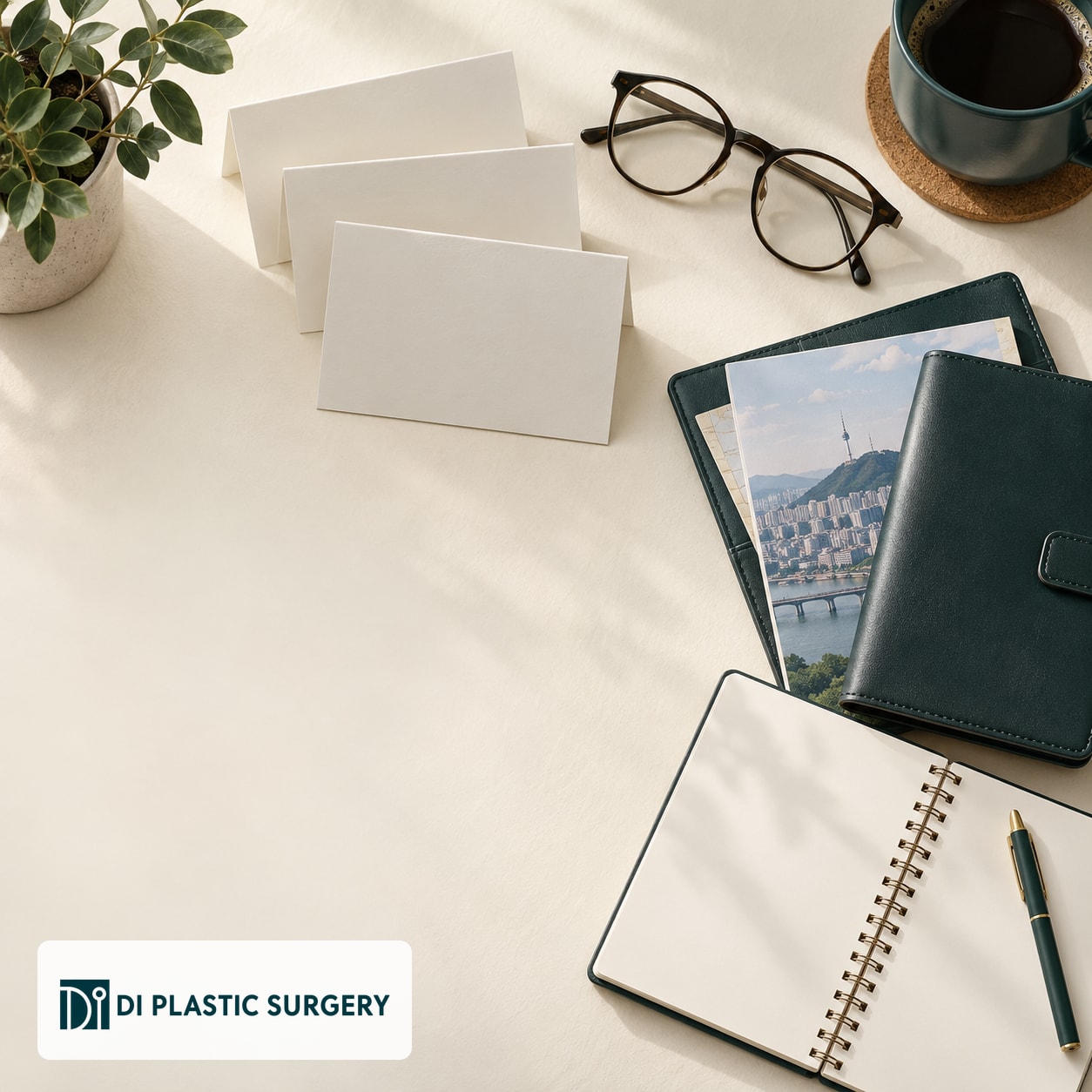 AI-generated blank consultation cards, notebook and travel folio