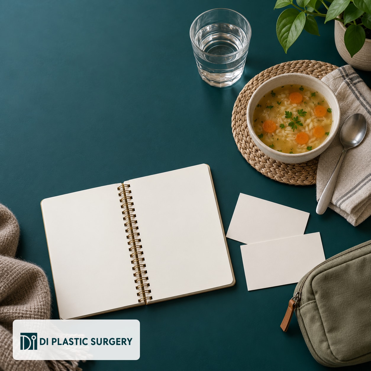 AI-generated blank appointment notebook, instruction cards, soup and water for consultation and travel planning