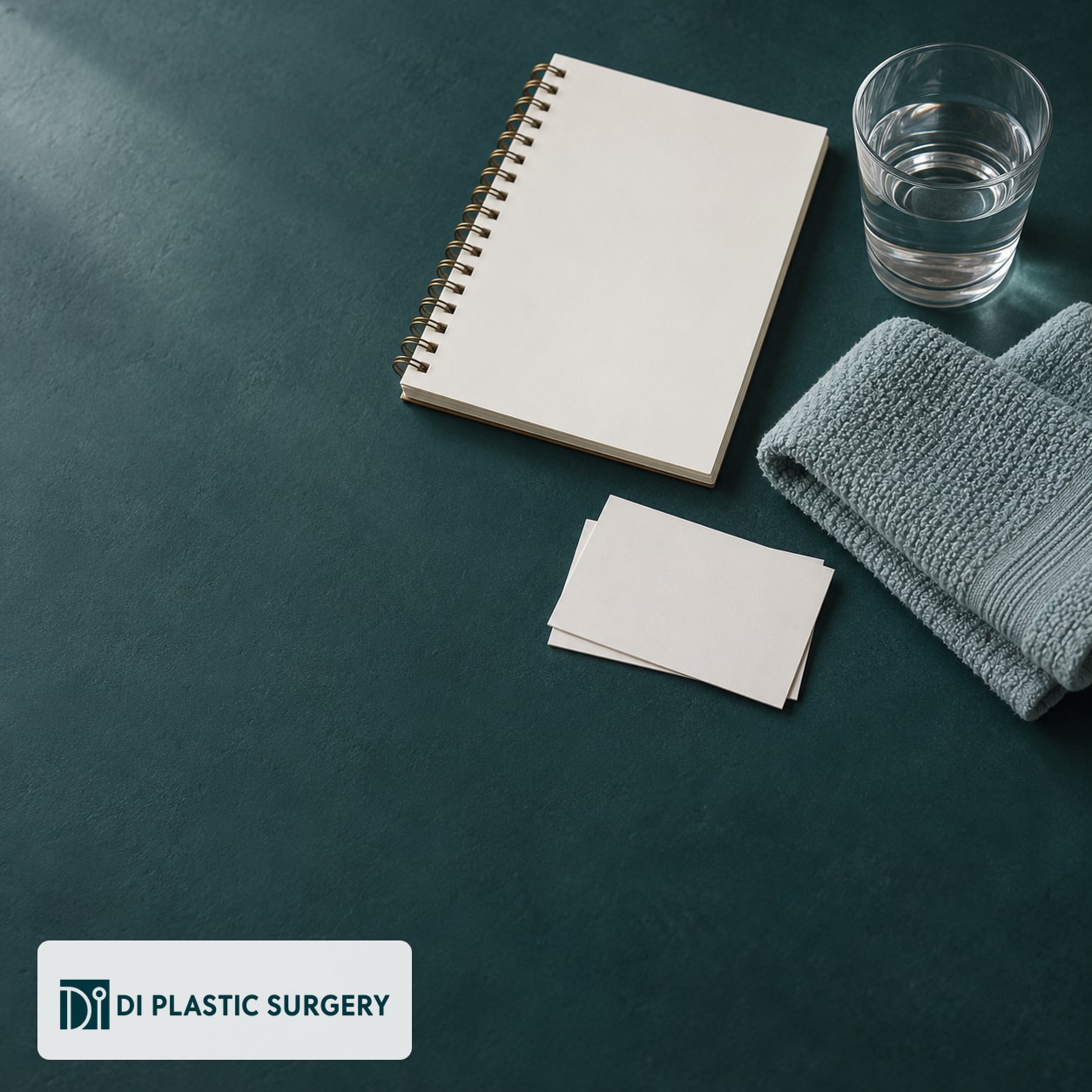 AI-generated blank notebook, appointment cards, water and a folded towel for consultation-trip planning; not a clinical care plan