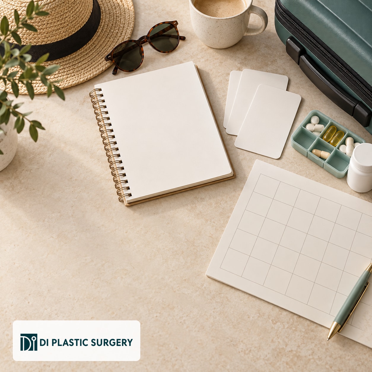AI-generated blank notebook, calendar and travel items for planning consultation and follow-up