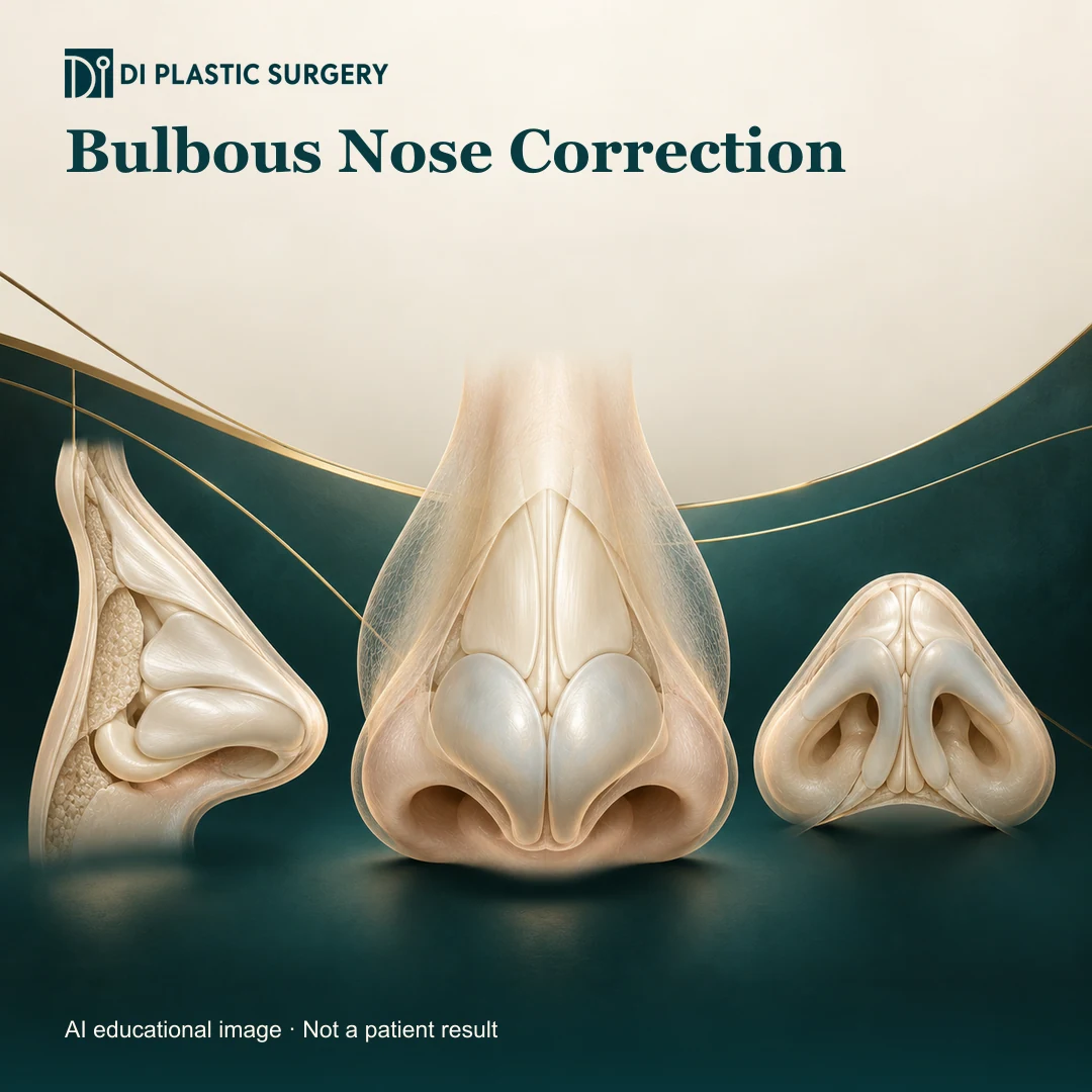 DI Plastic Surgery Bulbous Nose Correction: AI-generated educational anatomical illustration; not an actual patient, surgical result or clinic photograph.