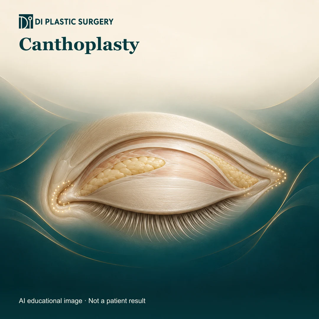 DI Plastic Surgery Canthoplasty: AI-generated educational anatomical illustration; not an actual patient, surgical result or clinic photograph.