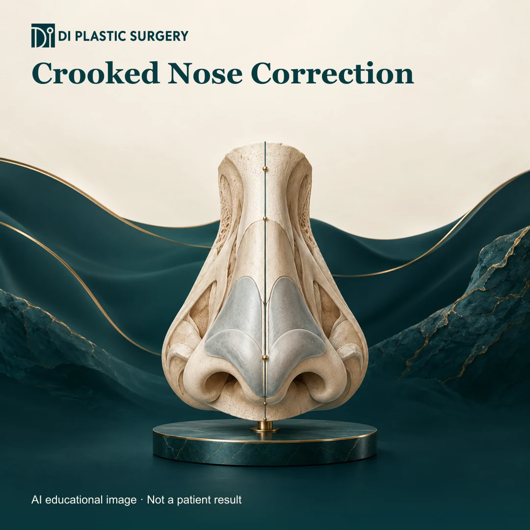 DI Plastic Surgery Crooked Nose Correction: AI-generated educational anatomical illustration; not an actual patient, surgical result or clinic photograph.