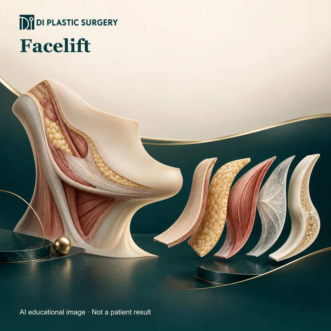 DI Plastic Surgery Facelift: AI-generated educational anatomical illustration; not an actual patient, surgical result or clinic photograph.