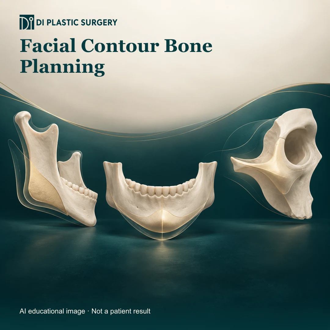 DI Plastic Surgery Facial Contour Bone Planning: AI-generated educational anatomical illustration; not an actual patient, surgical result or clinic photograph.