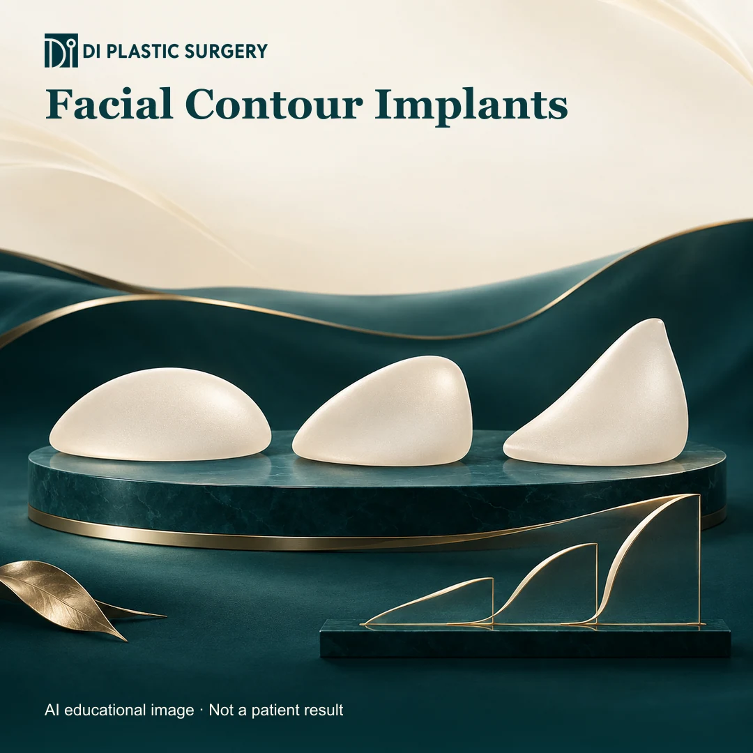 DI Plastic Surgery facial contour implants: AI-generated educational illustration of isolated conceptual implant shapes, not a patient result or clinic photograph.