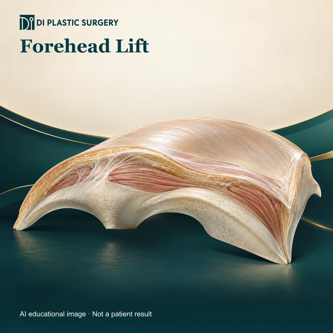 DI Plastic Surgery Forehead Lift: AI-generated educational anatomical illustration; not an actual patient, surgical result or clinic photograph.