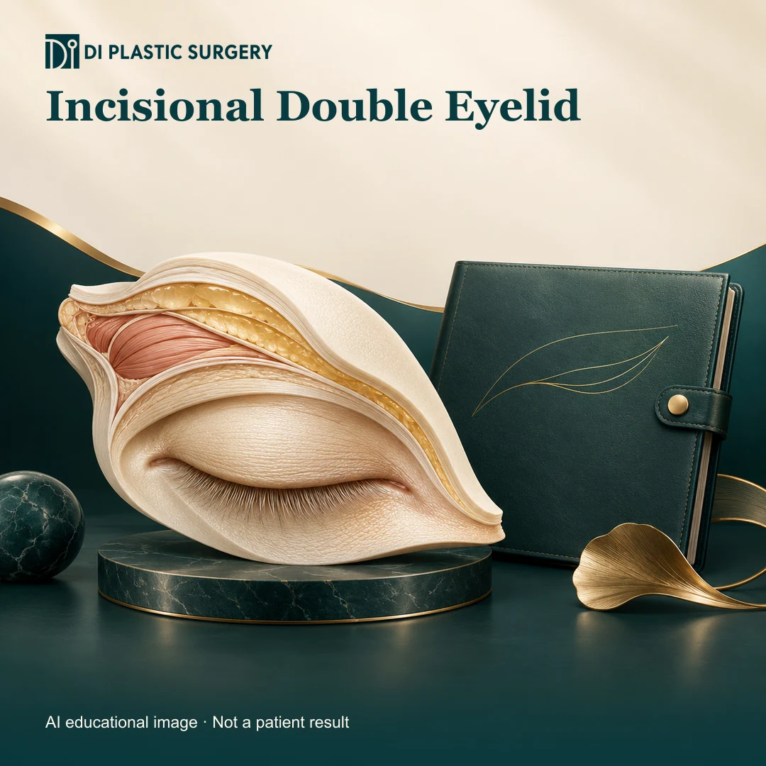 DI Plastic Surgery Incisional Double Eyelid: AI-generated educational anatomical illustration; not an actual patient, surgical result or clinic photograph.