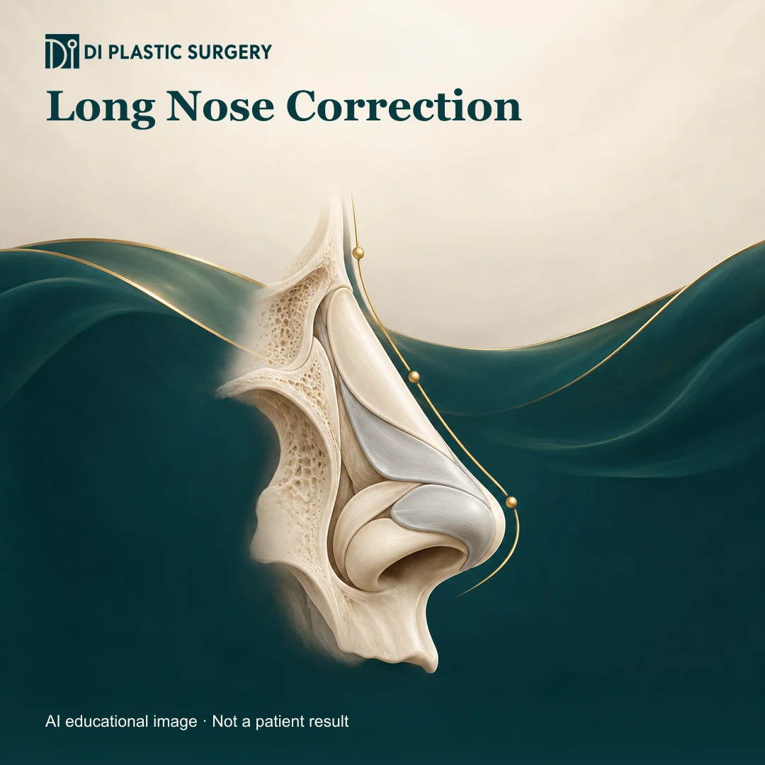 DI Plastic Surgery Long Nose Correction: AI-generated educational anatomical illustration; not an actual patient, surgical result or clinic photograph.