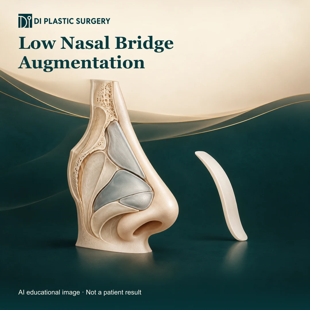 DI Plastic Surgery Low Nasal Bridge Augmentation: AI-generated educational anatomical illustration; not an actual patient, surgical result or clinic photograph.