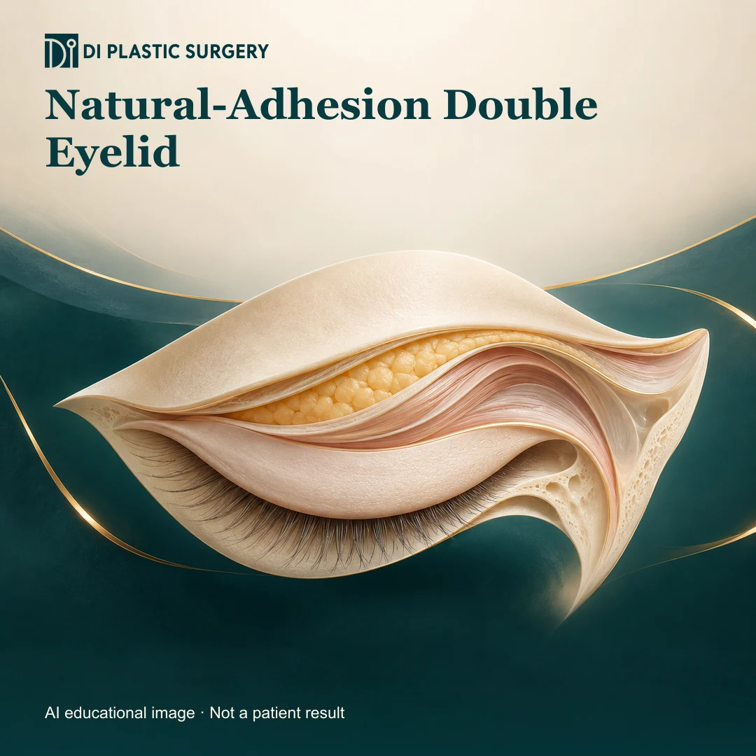 DI Plastic Surgery Natural-Adhesion Double Eyelid: AI-generated educational anatomical illustration; not an actual patient, surgical result or clinic photograph.
