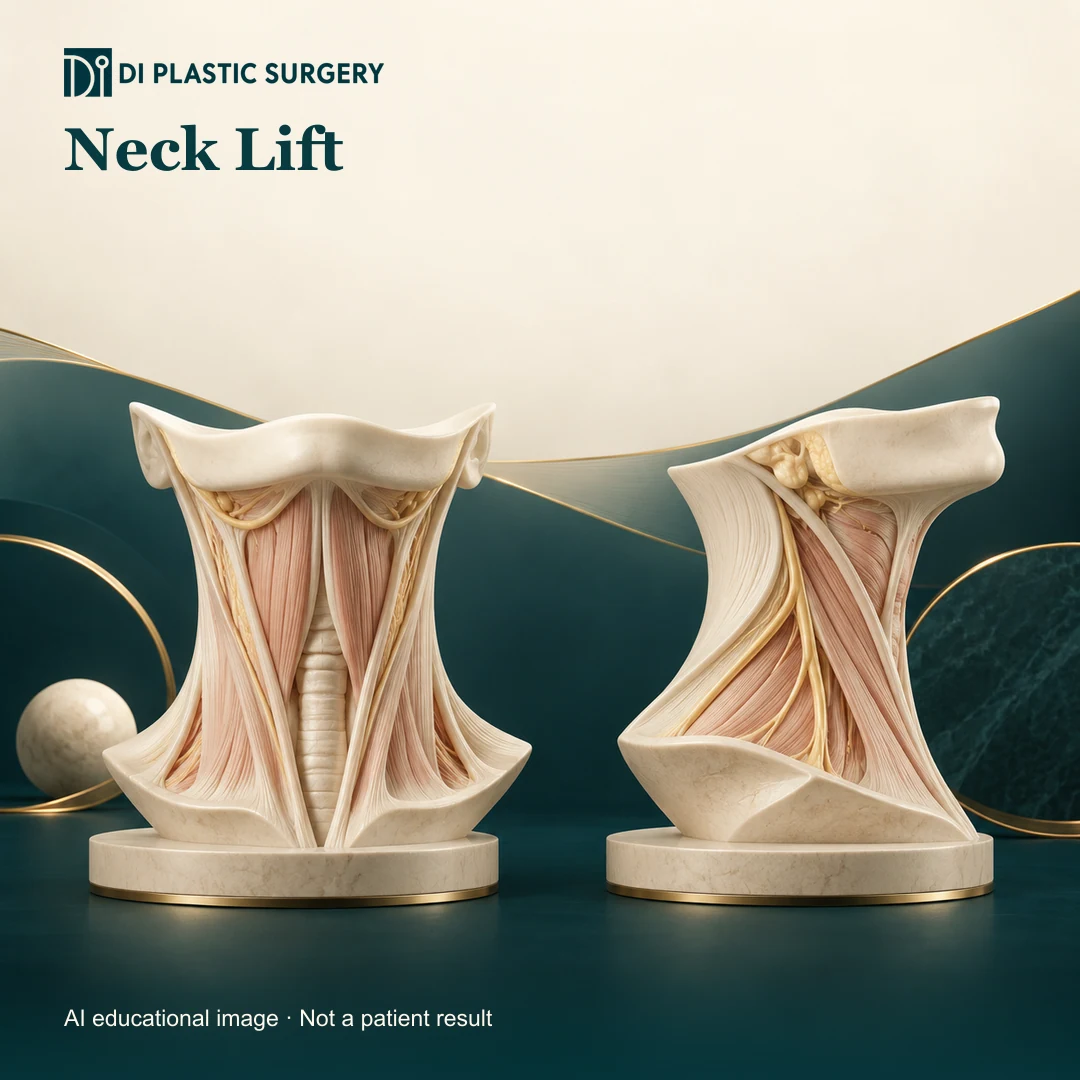 DI Plastic Surgery Neck Lift: AI-generated educational anatomical illustration; not an actual patient, surgical result or clinic photograph.