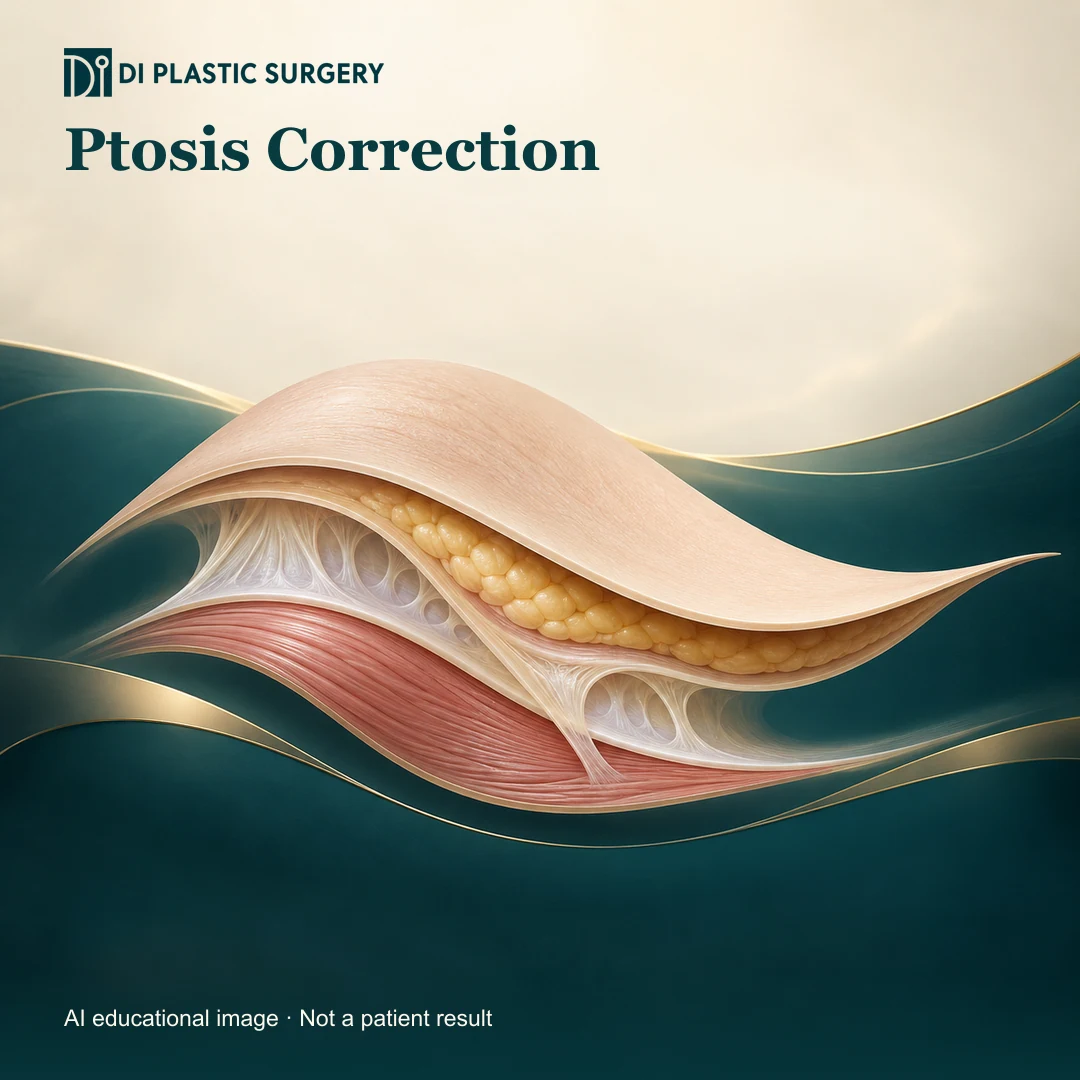 DI Plastic Surgery Ptosis Correction: AI-generated educational anatomical illustration; not an actual patient, surgical result or clinic photograph.
