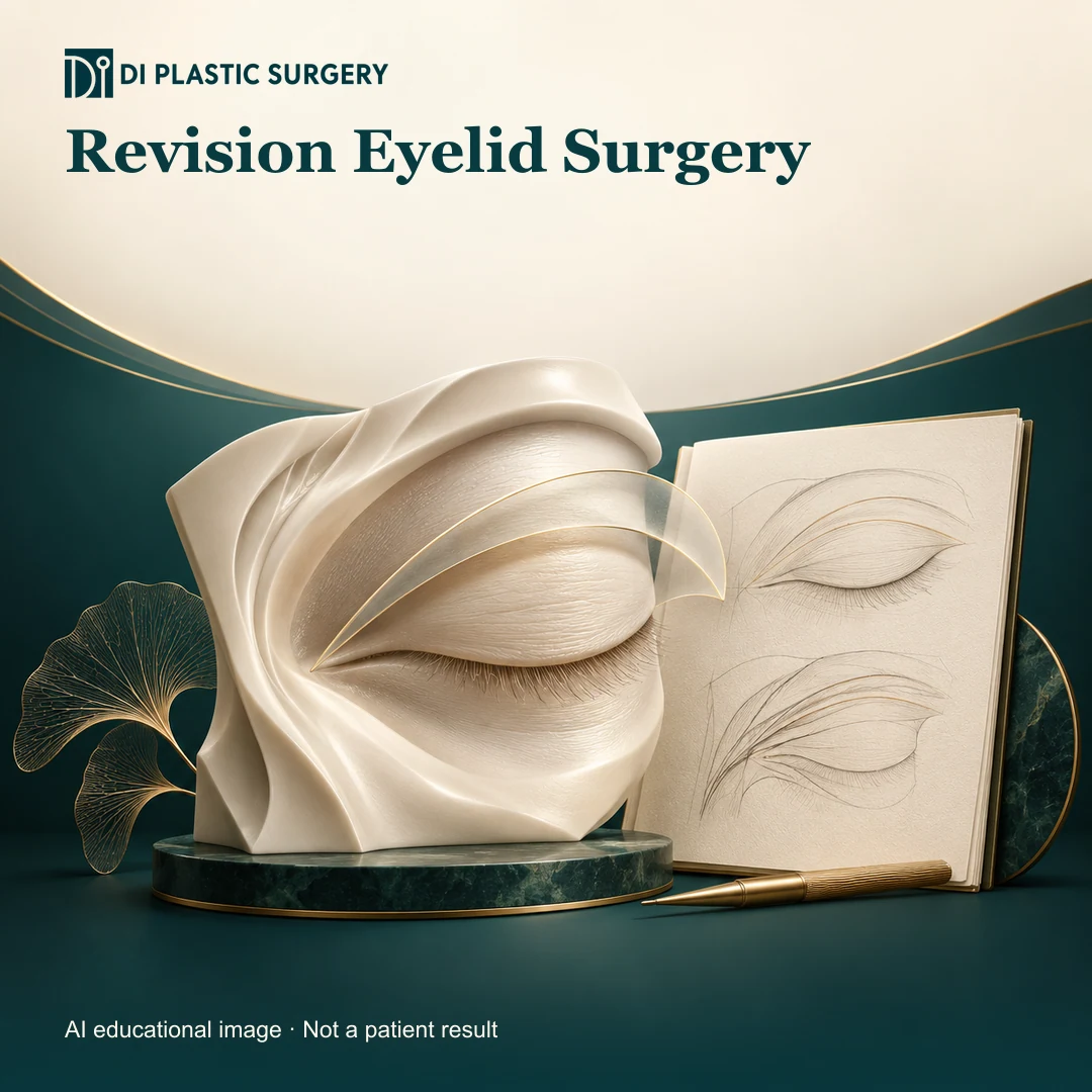 DI Plastic Surgery Revision Eyelid Surgery: AI-generated educational anatomical illustration; not an actual patient, surgical result or clinic photograph.