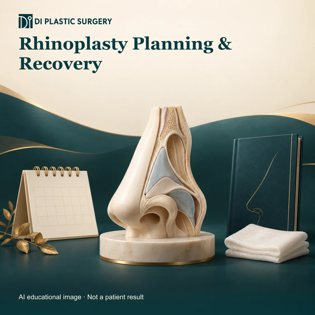 DI Plastic Surgery rhinoplasty planning and recovery: AI-generated educational anatomical illustration; not an actual patient, surgical result or clinic photograph.