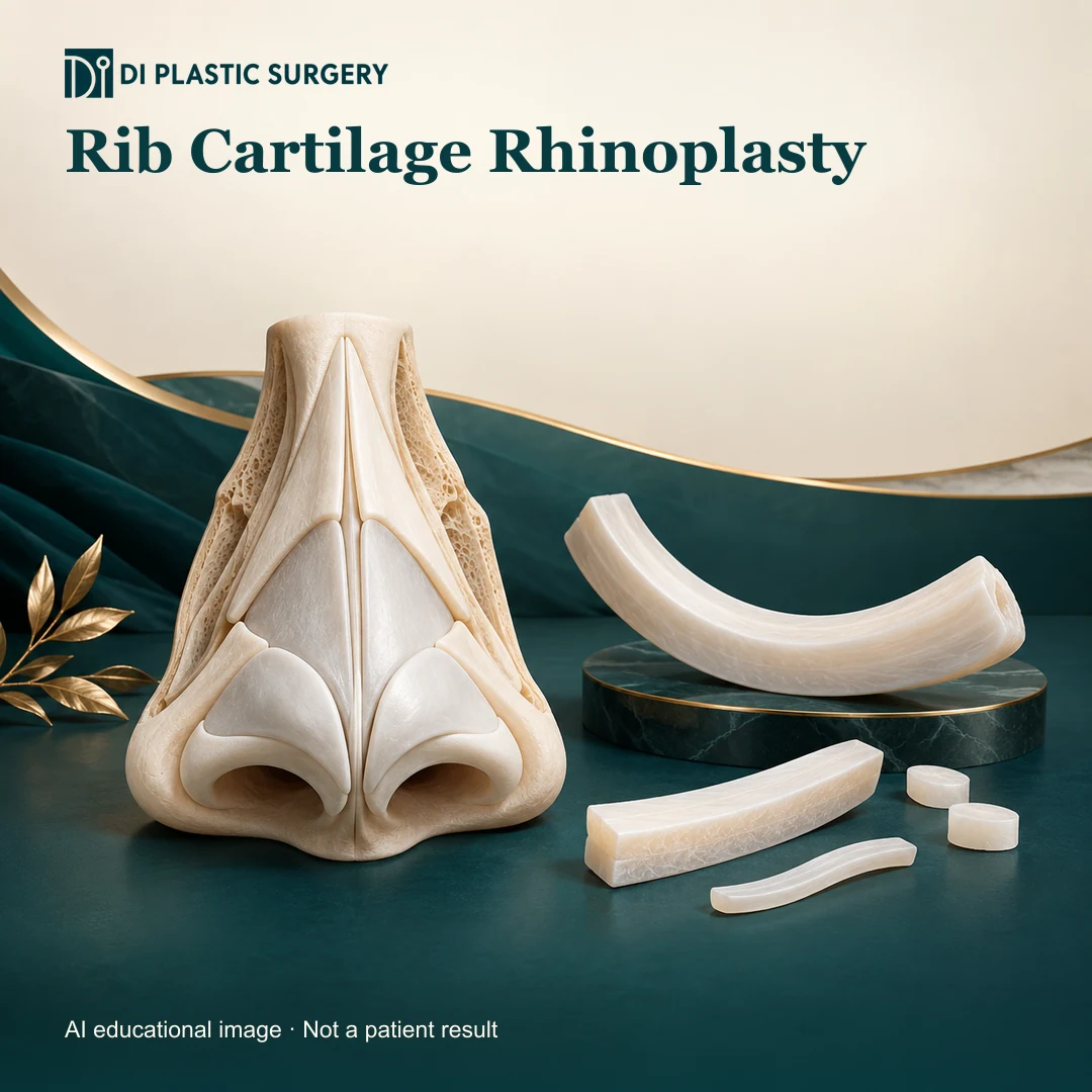 DI Plastic Surgery Rib Cartilage Rhinoplasty: AI-generated educational anatomical illustration; not an actual patient, surgical result or clinic photograph.