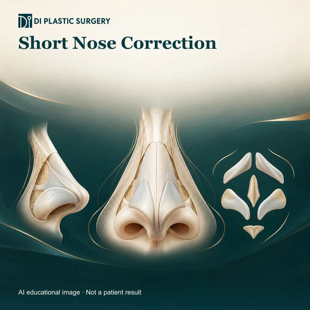 DI Plastic Surgery Short Nose Correction: AI-generated educational anatomical illustration; not an actual patient, surgical result or clinic photograph.