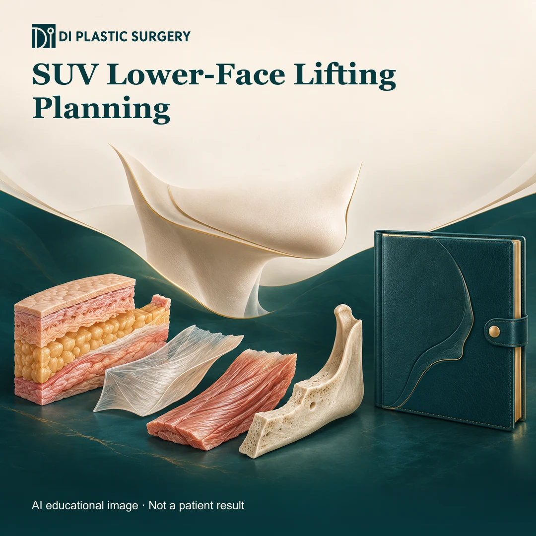 DI Plastic Surgery SUV Lower-Face Lifting Planning: AI-generated educational anatomical illustration; not an actual patient, surgical result or clinic photograph.