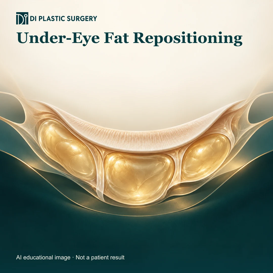 DI Plastic Surgery Under-Eye Fat Repositioning: AI-generated educational anatomical illustration; not an actual patient, surgical result or clinic photograph.