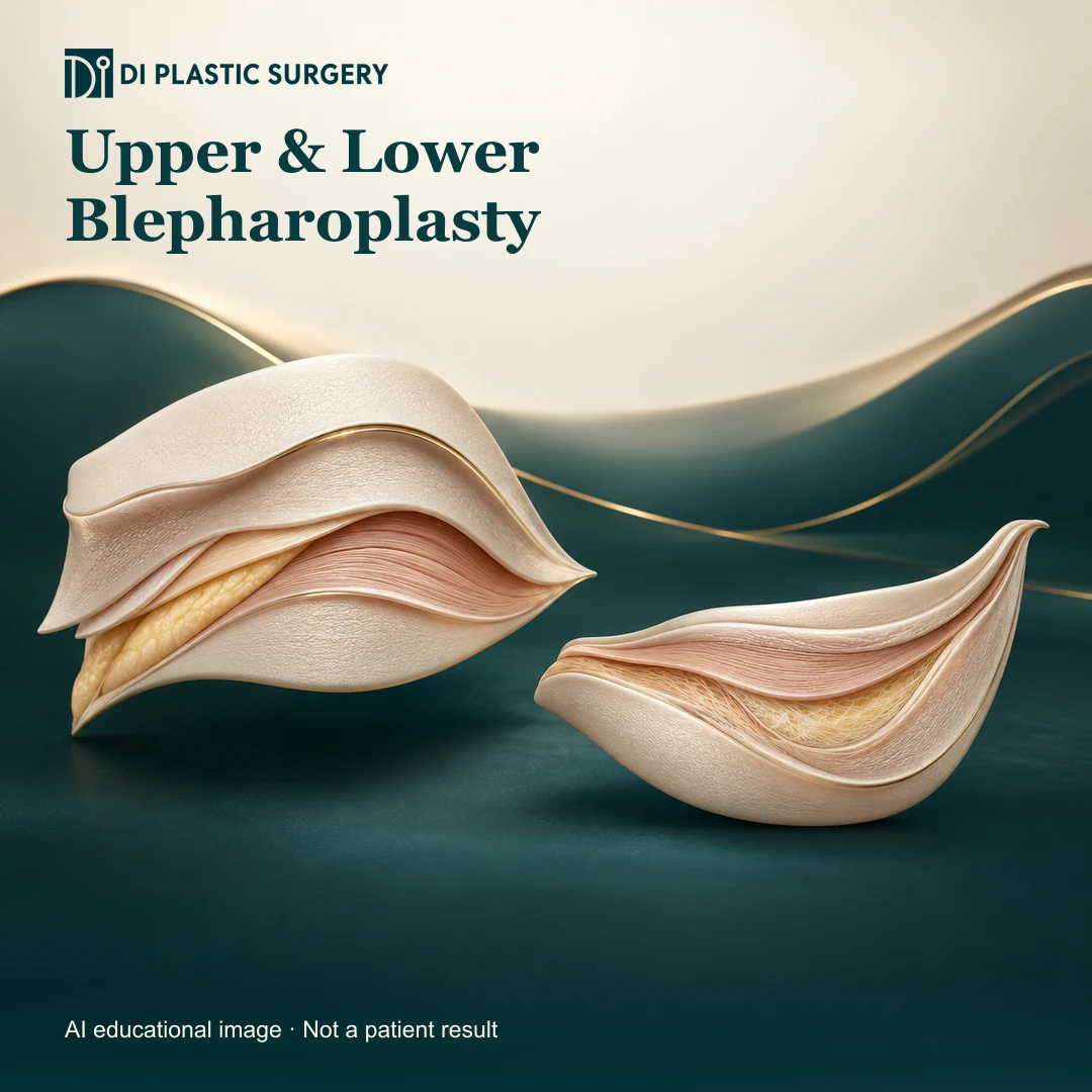 DI Plastic Surgery Upper & Lower Blepharoplasty: AI-generated educational anatomical illustration; not an actual patient, surgical result or clinic photograph.