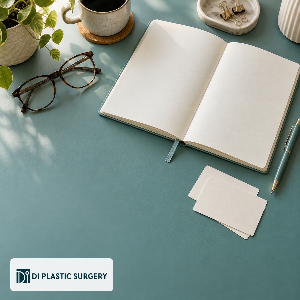 AI-generated ordinary planning desk with a blank notebook, glasses and appointment cards, carrying the official DI logo