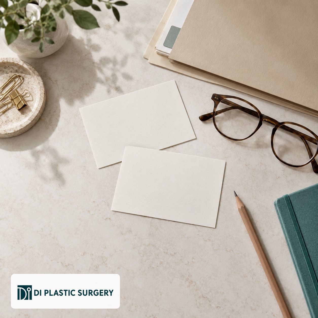 AI-generated blank comparison cards and glasses for organizing eyelid consultation questions