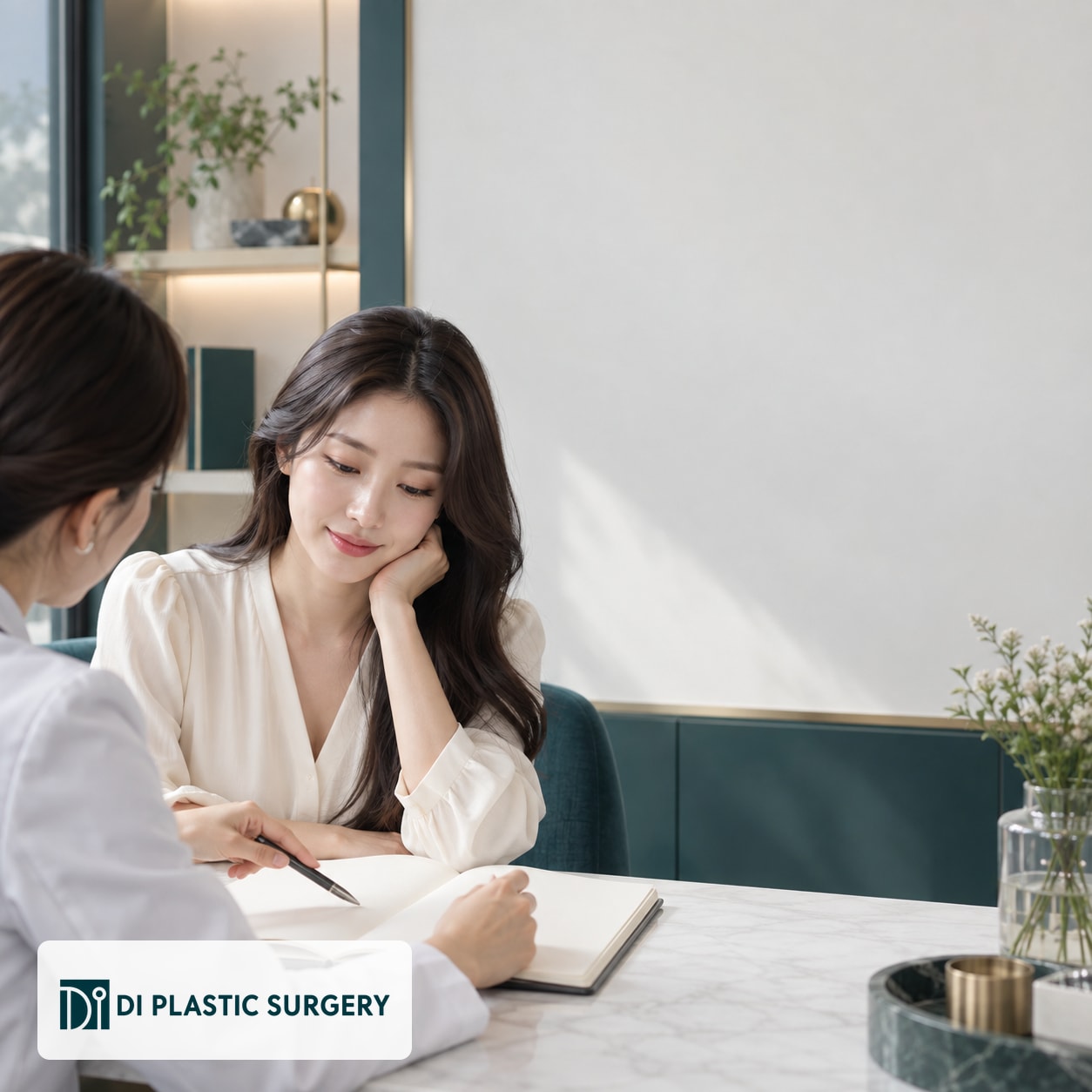 AI-generated fictional adult discussing a blank consultation notebook with a fictional clinician