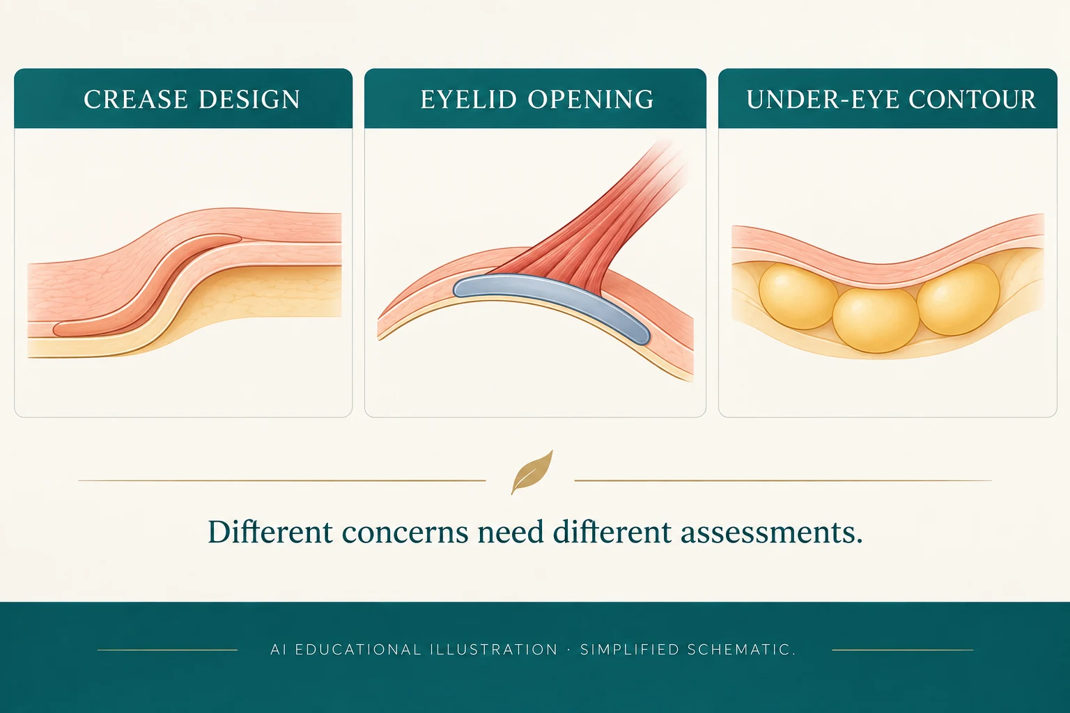 People-free educational illustration of an eyelid crease, opening support and under-eye contour