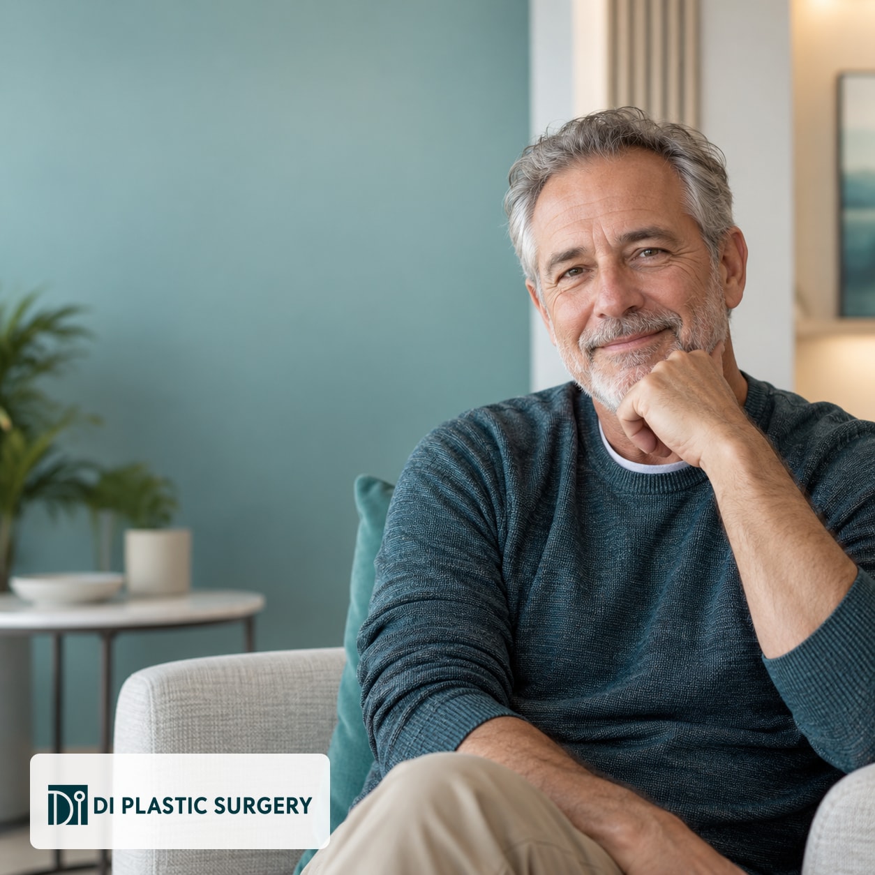 AI-generated fictional mature man seated in a quiet lounge; not a patient or surgical outcome