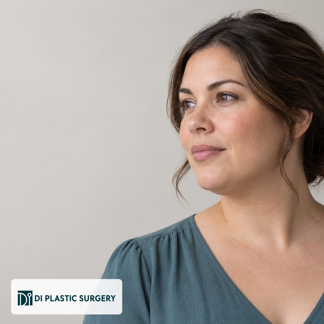 AI-generated fictional adult illustrating an under-chin consultation topic; not a patient, before-and-after result or clinical photograph