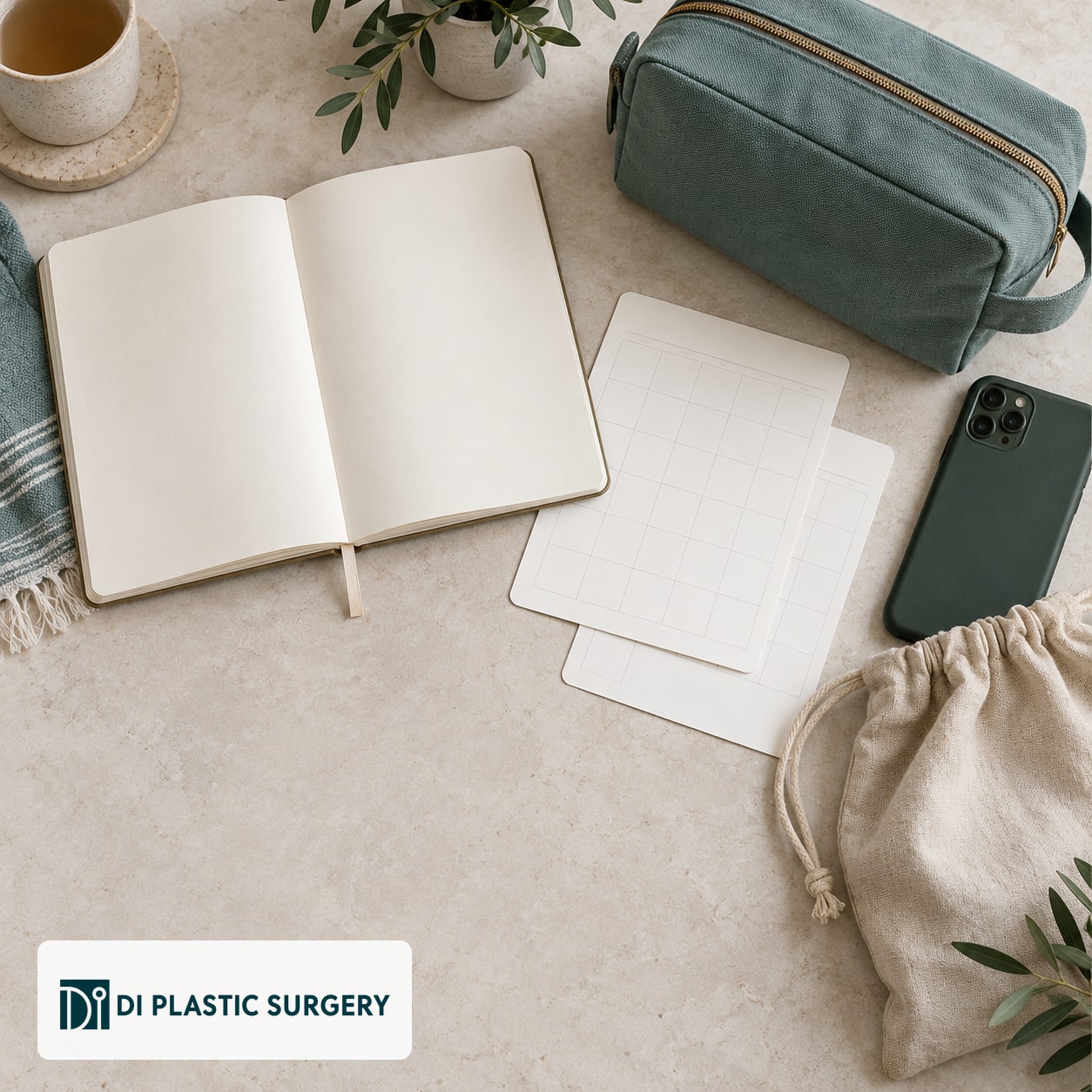 AI-generated blank notebook, travel pouch and phone for organizing Seoul consultation appointments