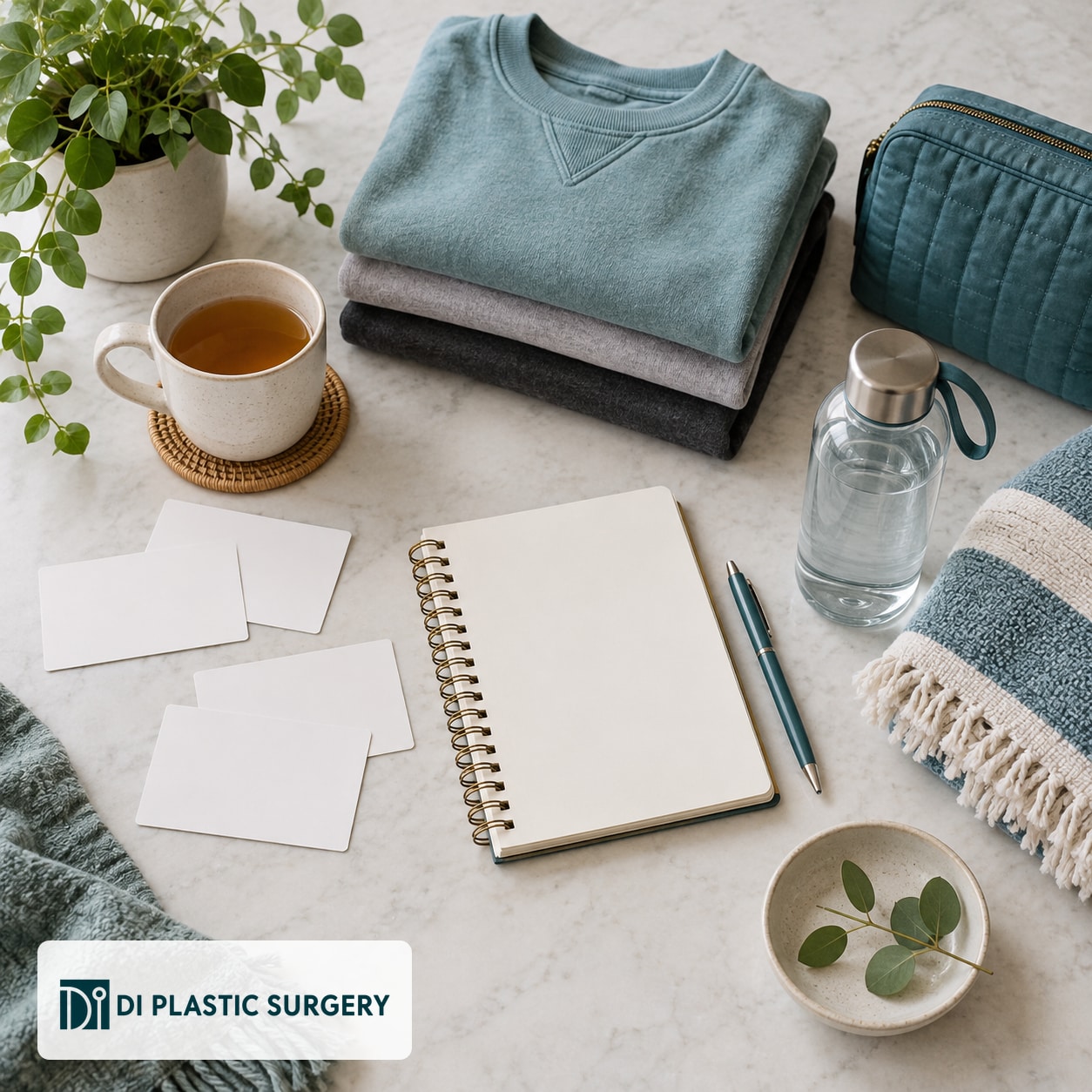 AI-generated blank notebook and consultation cards beside comfortable clothing and a travel pouch