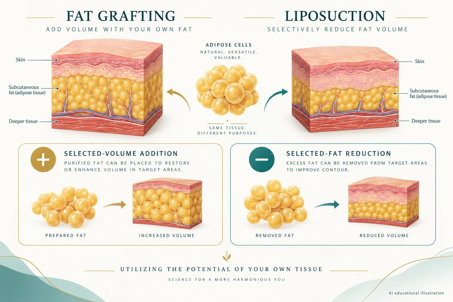 People-free educational illustration comparing selected fat addition with selected fat reduction