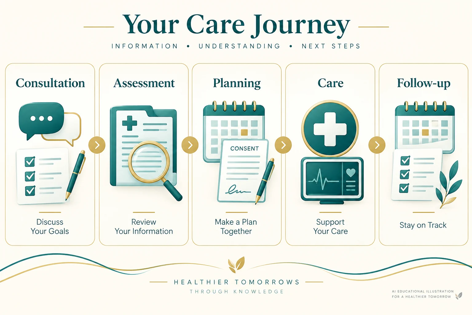 People-free illustration of consultation, assessment, planning, care and follow-up