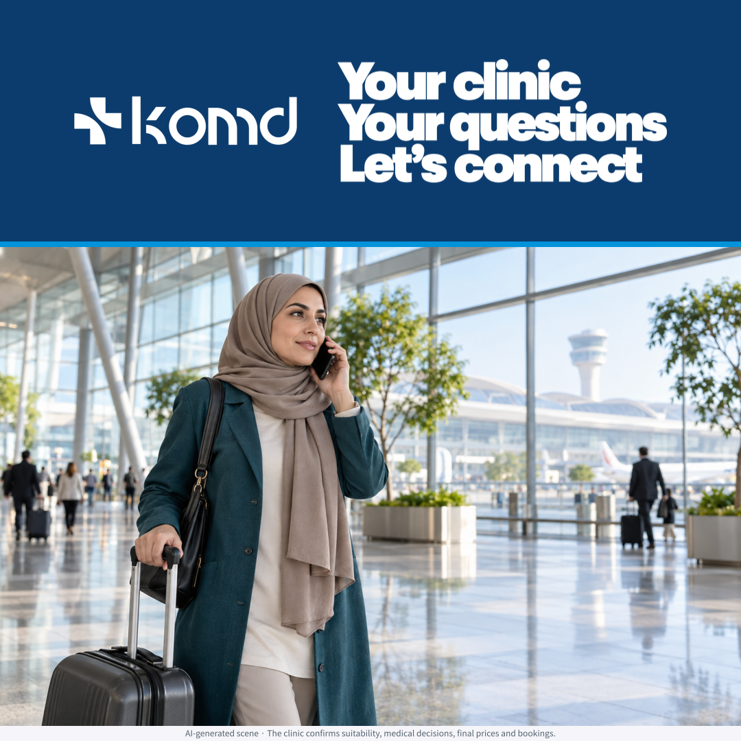 Your clinic Your questions Let's connect — illustrative airport travel planning scene