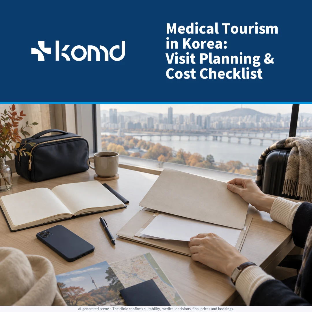 Illustrative Korea clinic-visit planning desk with a blank checklist, folder and phone; no personal or medical information.