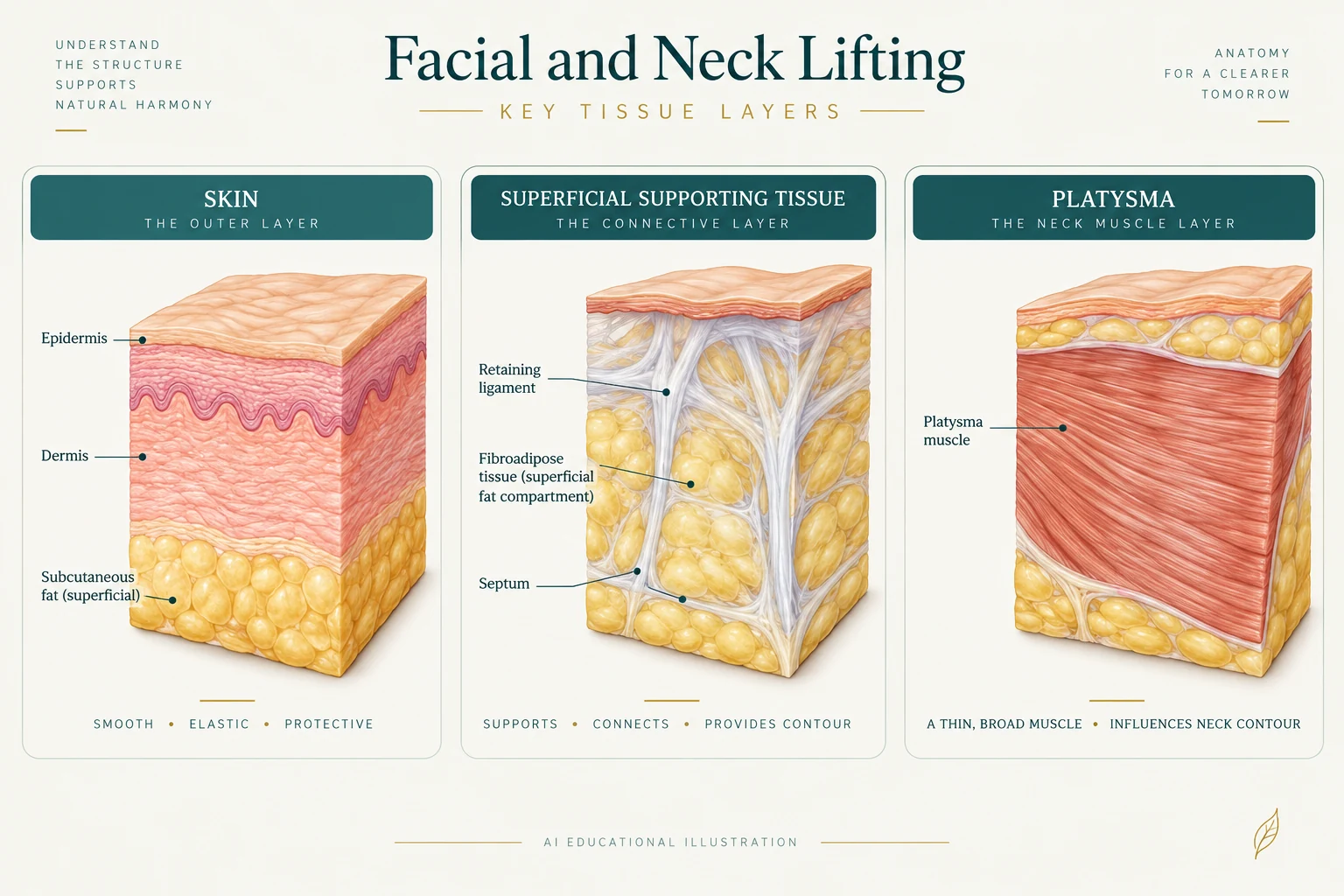 People-free educational illustration of skin, supporting tissue and platysma layers