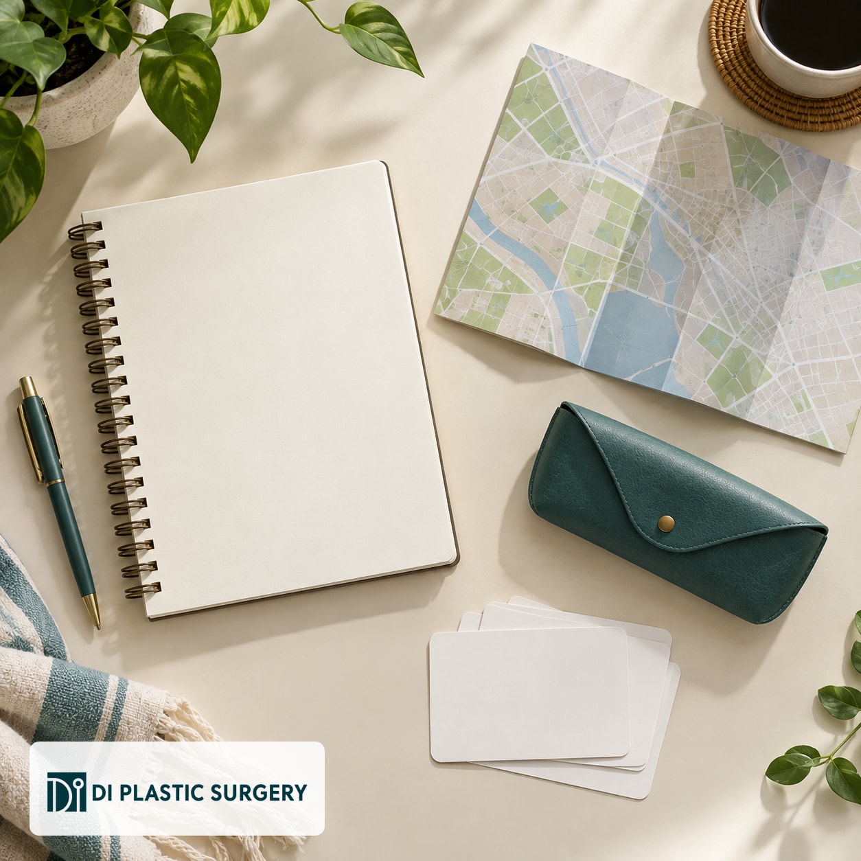 AI-generated blank notebook, wordless map, glasses case and question cards for consultation preparation