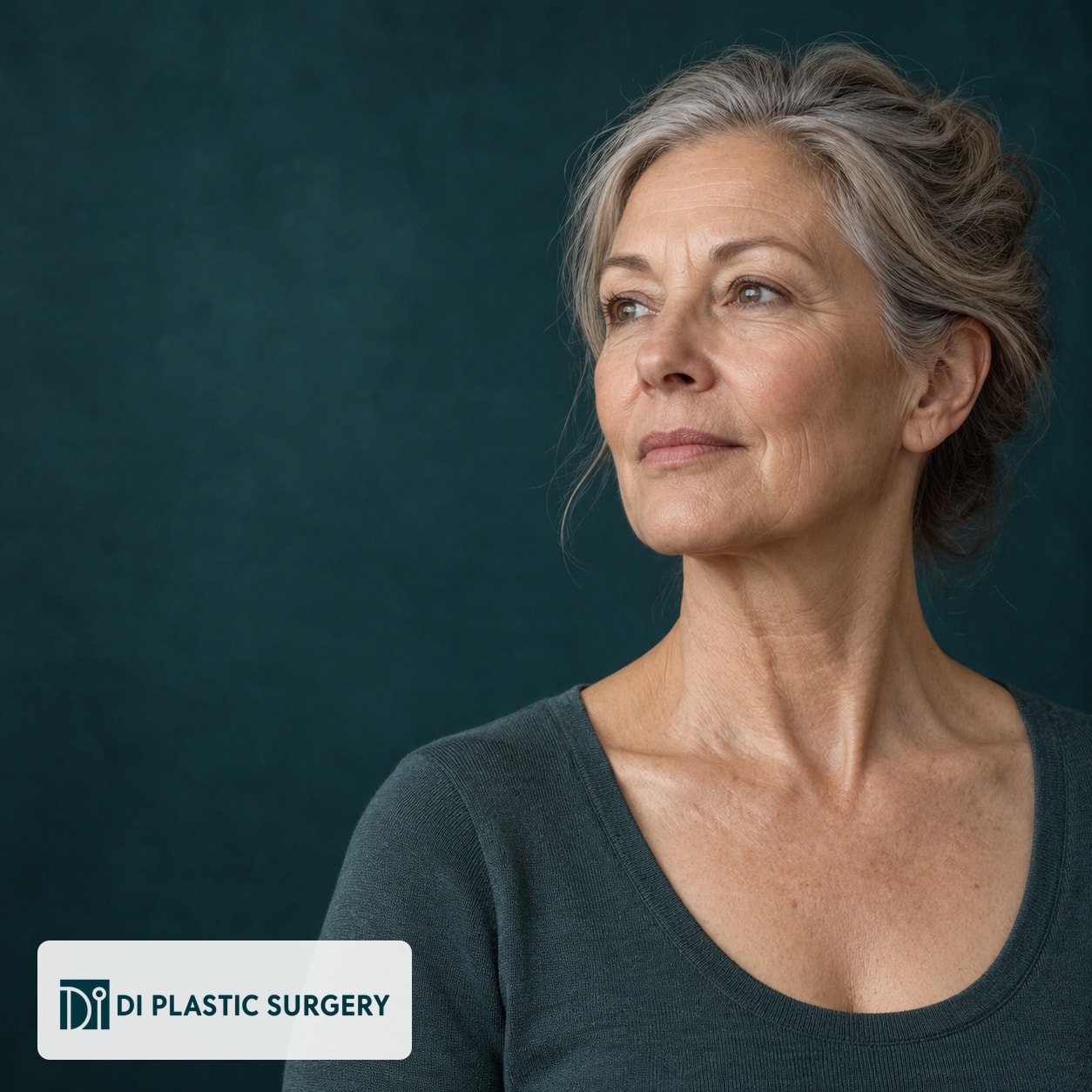 AI-generated fictional mature woman with natural age-related skin texture, not a patient or treatment outcome