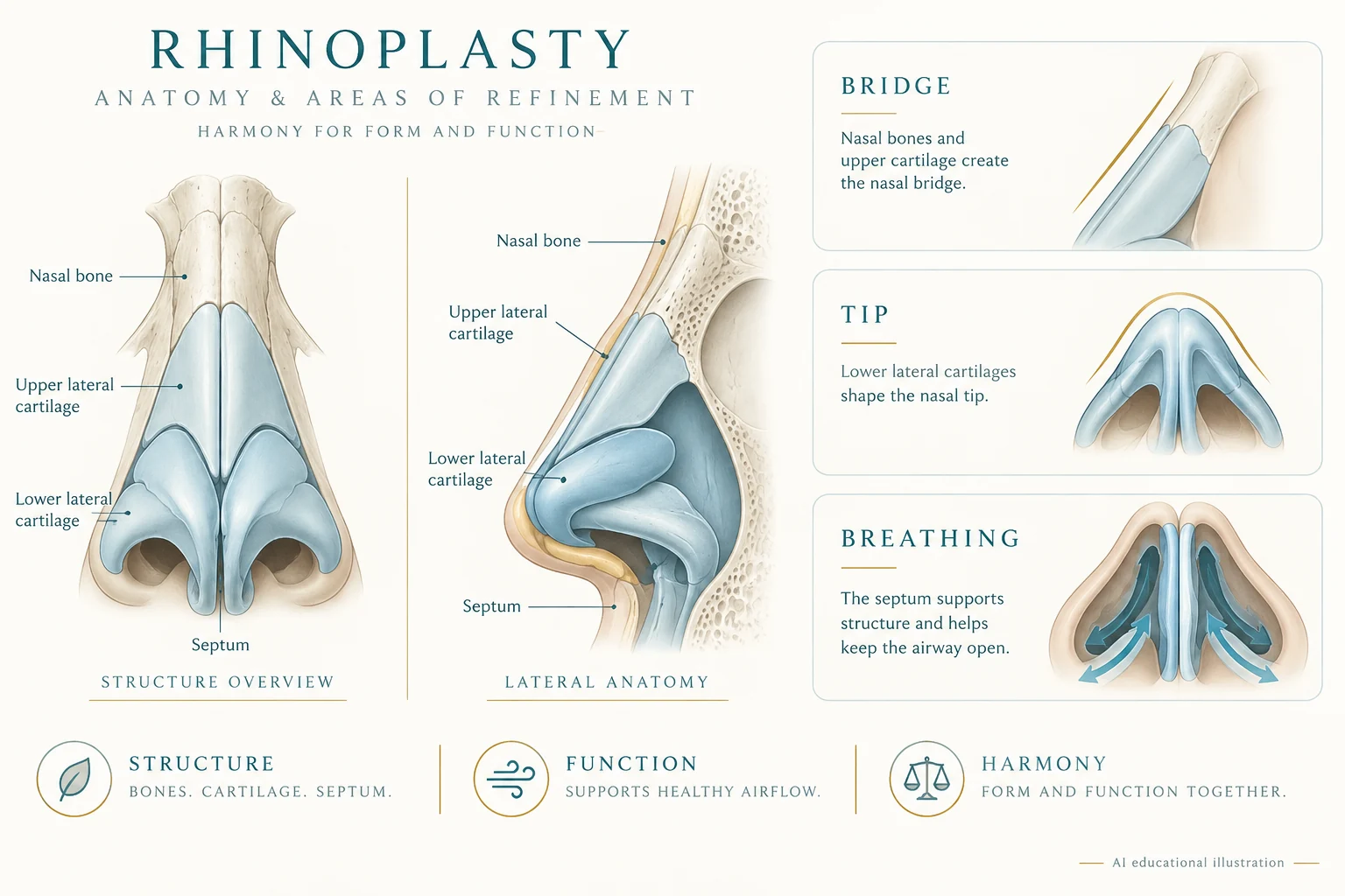 People-free educational illustration separating nasal bridge, tip support and airway concepts
