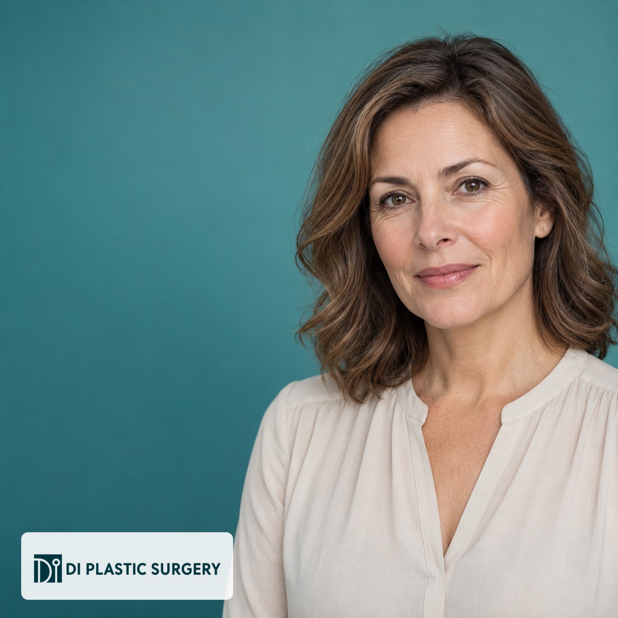 AI-generated fictional editorial woman with natural eye-area lines; not an outer eye corner lift patient or outcome