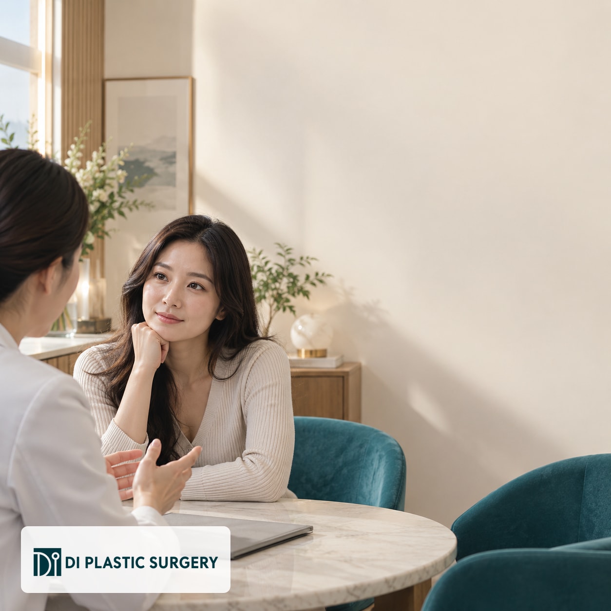 AI-generated fictional adult listening to a fictional clinician in a consultation room