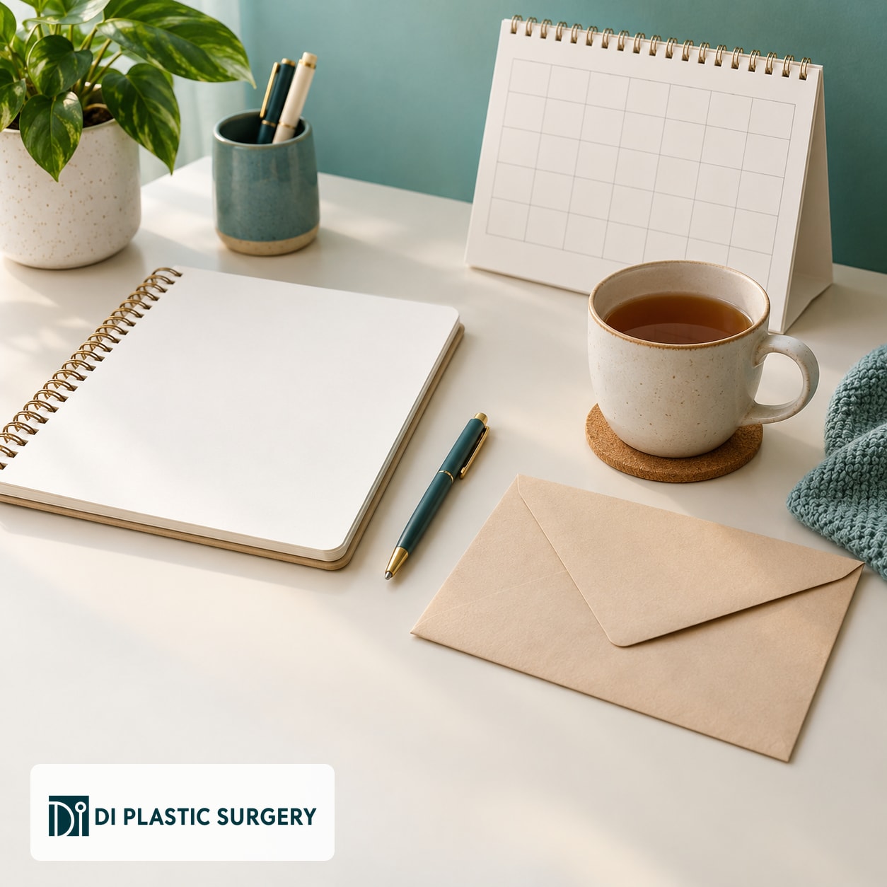 AI-generated blank notebook and calendar for planning consultation questions; not a medical record