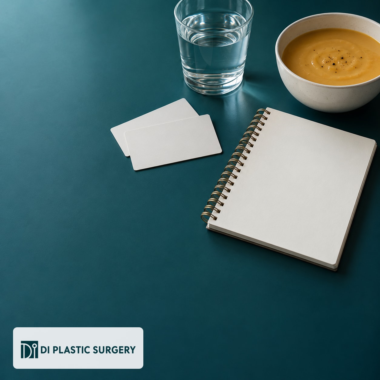 AI-generated blank notebook, appointment cards, water and soup for consultation planning; not a prescribed diet