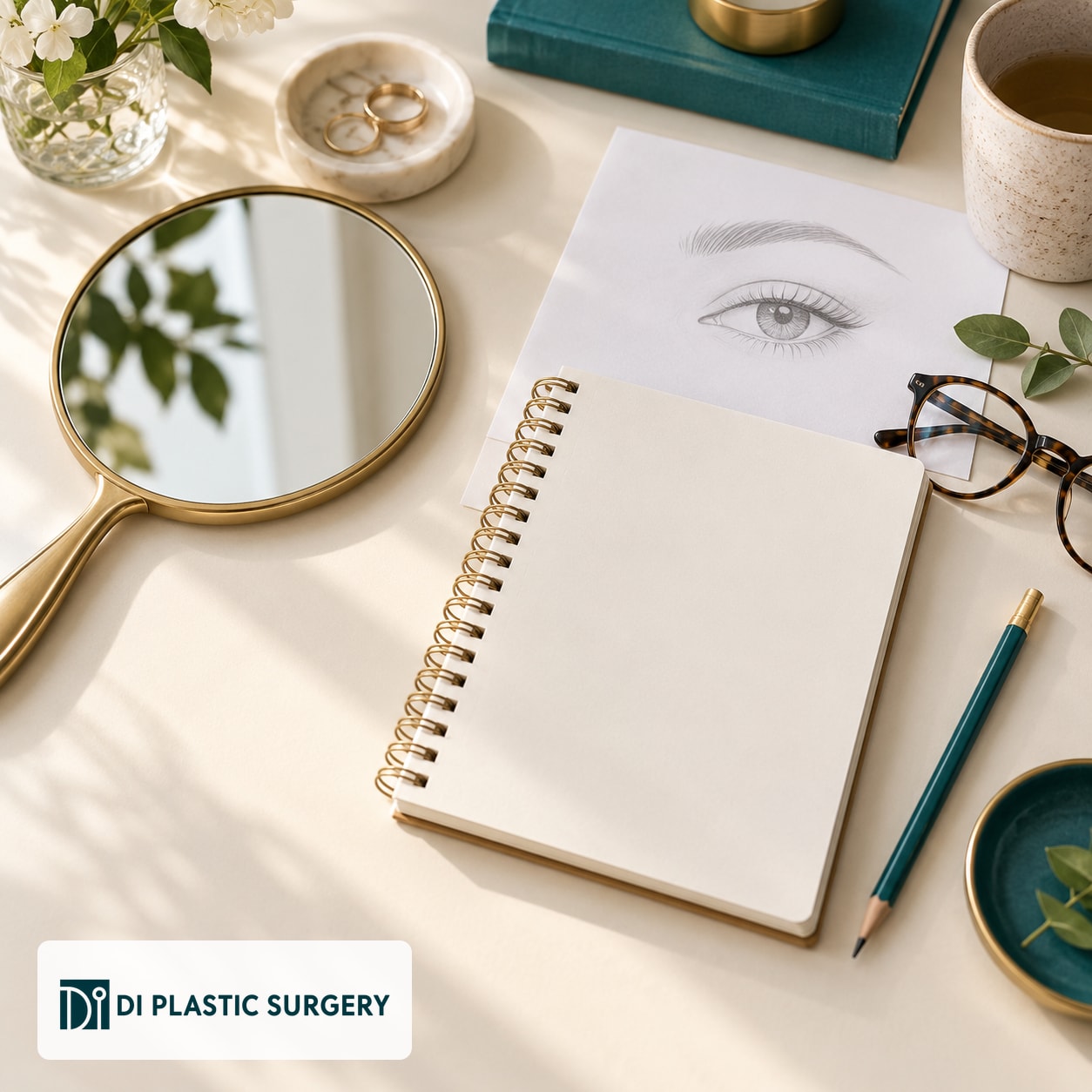 AI-generated mirror and notebook representing questions for an eye-area consultation, with DI logo