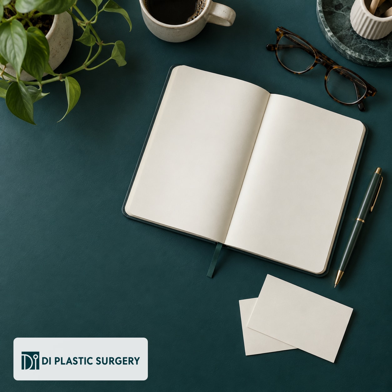 AI-generated blank planning notebook, appointment cards and reading glasses on a teal desk with the official DI logo